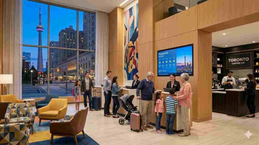 Family-friendly hotel lobby in Toronto with modern amenities and concierge desk.