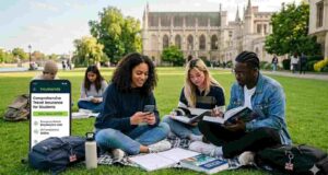 Your Ultimate Guide to the Best Travel Insurance for Students in 2026 International students on a university campus reviewing travel insurance options on a mobile device.