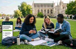 Your Ultimate Guide to the Best Travel Insurance for Students in 2026 International students on a university campus reviewing travel insurance options on a mobile device.