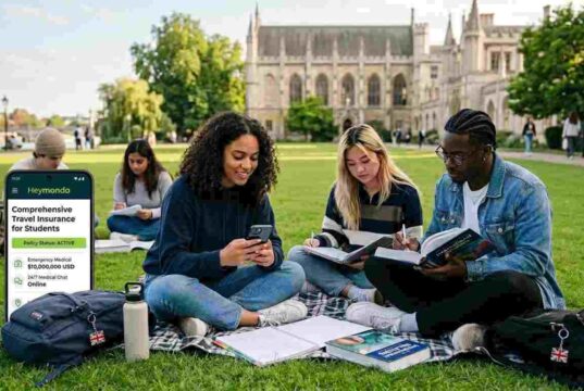 Your Ultimate Guide to the Best Travel Insurance for Students in 2026 International students on a university campus reviewing travel insurance options on a mobile device.