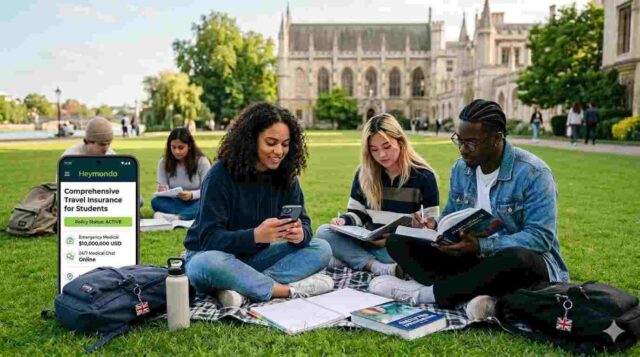 International students on a university campus reviewing travel insurance options on a mobile device.