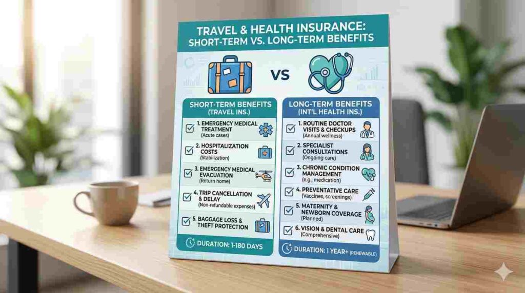 An infographic table comparing the features of short-term travel insurance versus long-term international health insurance for expats.