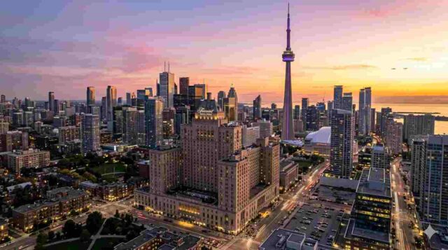 Panoramic view of Toronto skyline at sunset featuring the CN Tower and luxury downtown hotels.