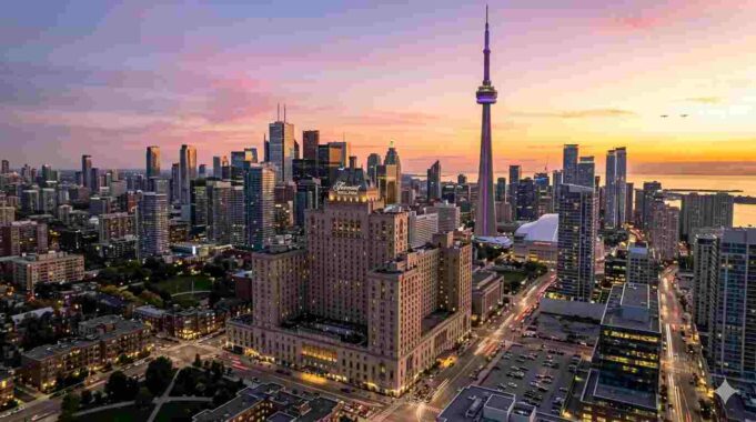 The Ultimate Guide to the Best Hotels in Toronto for Tourists (2026 Edition) Panoramic view of Toronto skyline at sunset featuring the CN Tower and luxury downtown hotels.