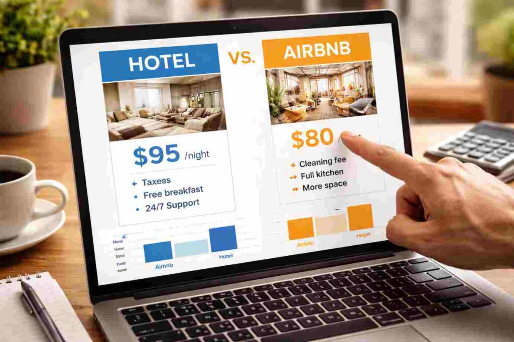 “Traveler comparing hotel and Airbnb prices online”