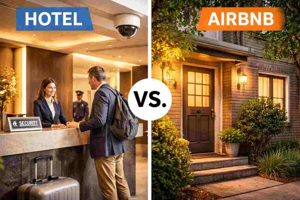 Hotel vs Airbnb comparison room and apartment”