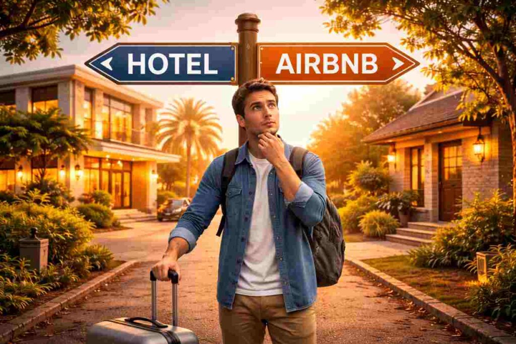 “Traveler comparing hotel and Airbnb prices