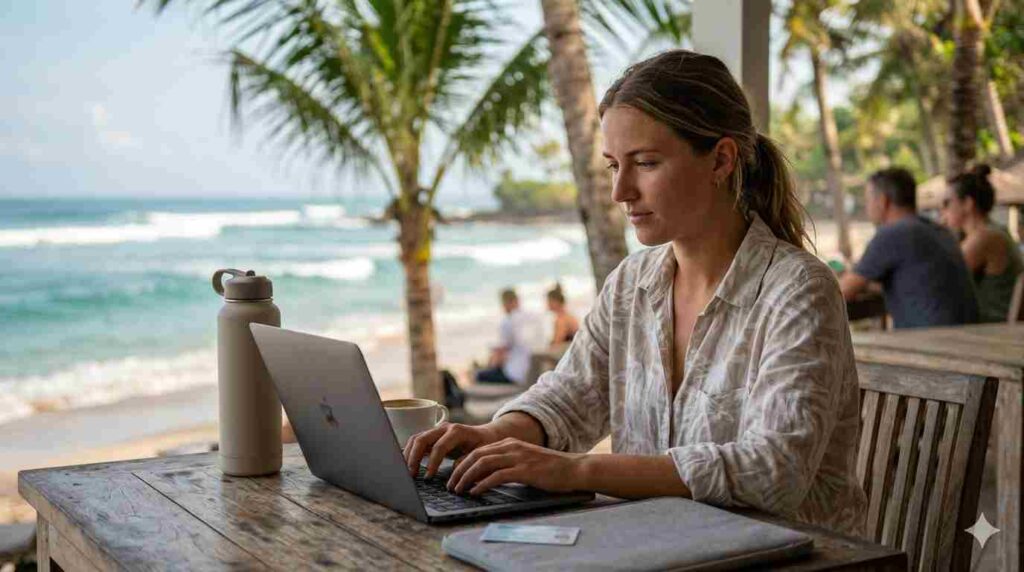A digital nomad working remotely in a foreign country, representing the need for comprehensive international health insurance.