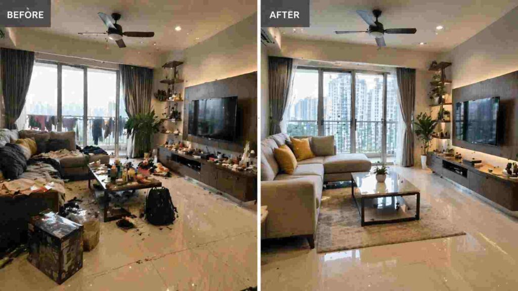 Before and after cleaning transformation living room, 