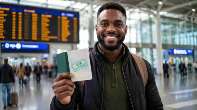 Nigerian traveler celebrating Schengen visa approval success