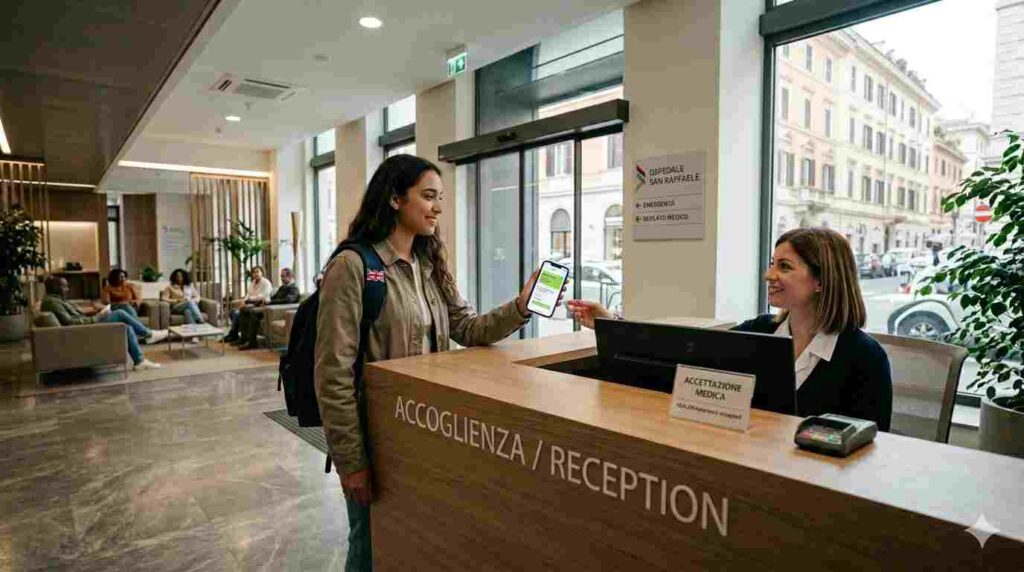 Student using a digital insurance card for direct billing at an international medical facility.