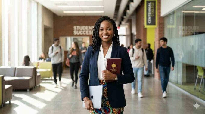 The Ultimate Guide to Studying in Canada (2026/2027): Navigating New Visa Rules, Scholarships, and Top Ontario Colleges Nigerian female student at an Ontario college campus representing the 2026 Canada study path."