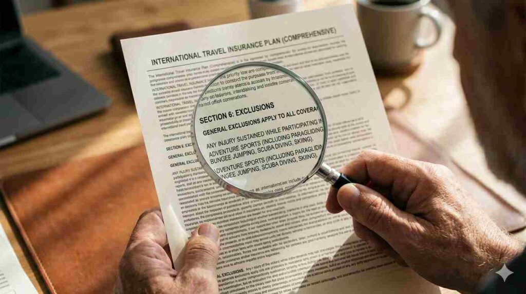 A magnifying glass over an insurance policy document emphasizing the importance of reading the fine print and exclusions.