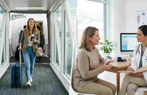 Travel Insurance vs Health Insurance for Travelers A split-screen comparison showing a traveler at an airport and a patient in a medical clinic to illustrate the difference between travel and health insurance.