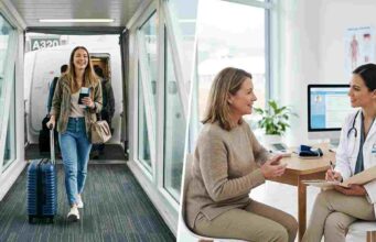 Travel Insurance vs Health Insurance for Travelers A split-screen comparison showing a traveler at an airport and a patient in a medical clinic to illustrate the difference between travel and health insurance.