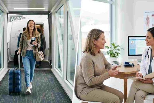 Travel Insurance vs Health Insurance for Travelers A split-screen comparison showing a traveler at an airport and a patient in a medical clinic to illustrate the difference between travel and health insurance.