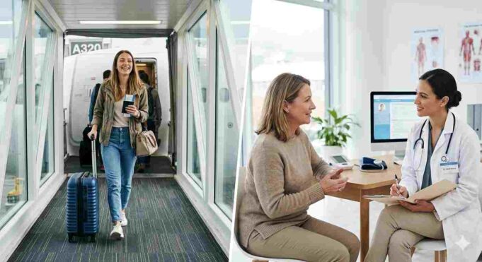 Travel Insurance vs Health Insurance for Travelers A split-screen comparison showing a traveler at an airport and a patient in a medical clinic to illustrate the difference between travel and health insurance.