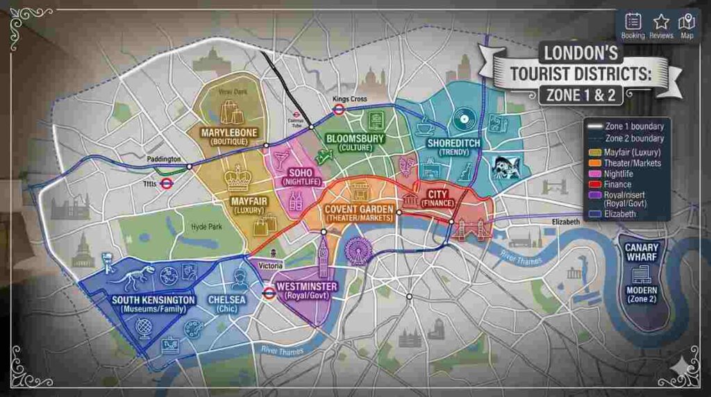 Map of London hotel neighborhoods for tourists highlighting Mayfair, Shoreditch, and South Kensington.