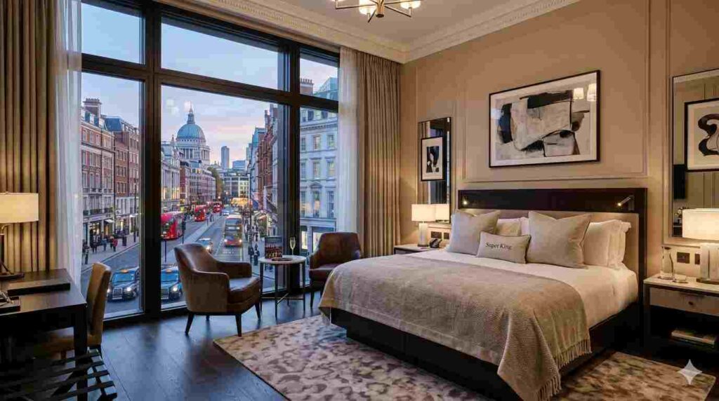 Luxury hotel room interior in Mayfair London with high-end amenities for international tourists.