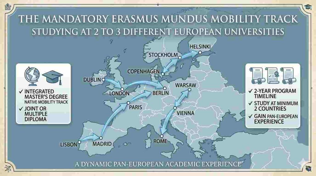 A graphic map of Europe showing interconnected city lines that illustrate the mandatory physical mobility study path required for Erasmus Mundus Joint Masters recipients.