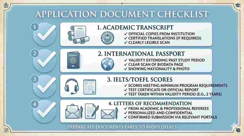 A structured visual infographic layout displaying a document checklist icon suite for international university applications, featuring transcript icons, a passport icon, and essay drafts