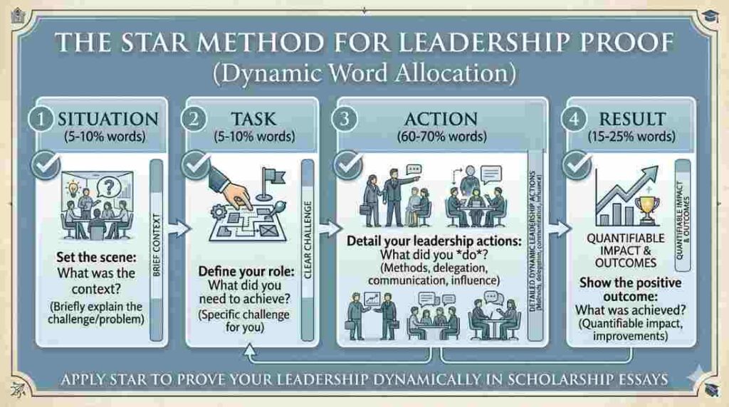 An educational flow chart detailing the STAR method of writing—Situation, Task, Action, and Result—with specific percentage weights recommended for scholarship essays