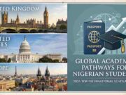The Ultimate Guide to Fully Funded Education A collage displaying landmark universities in the UK, US, and Europe alongside an international passport and graduation gown, representing global education pathways for Nigerians