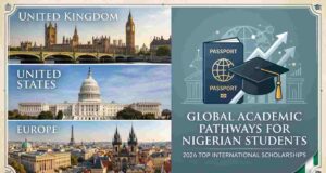 The Ultimate Guide to Fully Funded Education A collage displaying landmark universities in the UK, US, and Europe alongside an international passport and graduation gown, representing global education pathways for Nigerians