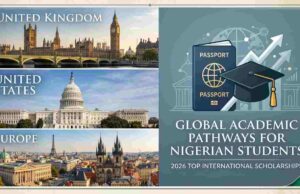 The Ultimate Guide to Fully Funded Education A collage displaying landmark universities in the UK, US, and Europe alongside an international passport and graduation gown, representing global education pathways for Nigerians