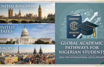 The Ultimate Guide to Fully Funded Education A collage displaying landmark universities in the UK, US, and Europe alongside an international passport and graduation gown, representing global education pathways for Nigerians