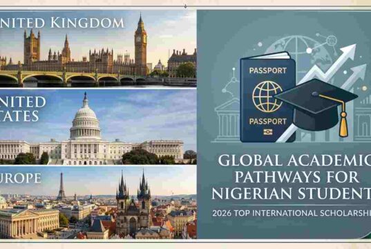 The Ultimate Guide to Fully Funded Education A collage displaying landmark universities in the UK, US, and Europe alongside an international passport and graduation gown, representing global education pathways for Nigerians