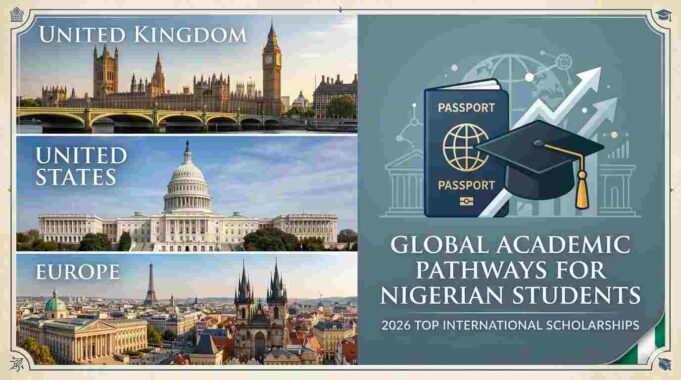 The Ultimate Guide to Fully Funded Education A collage displaying landmark universities in the UK, US, and Europe alongside an international passport and graduation gown, representing global education pathways for Nigerians