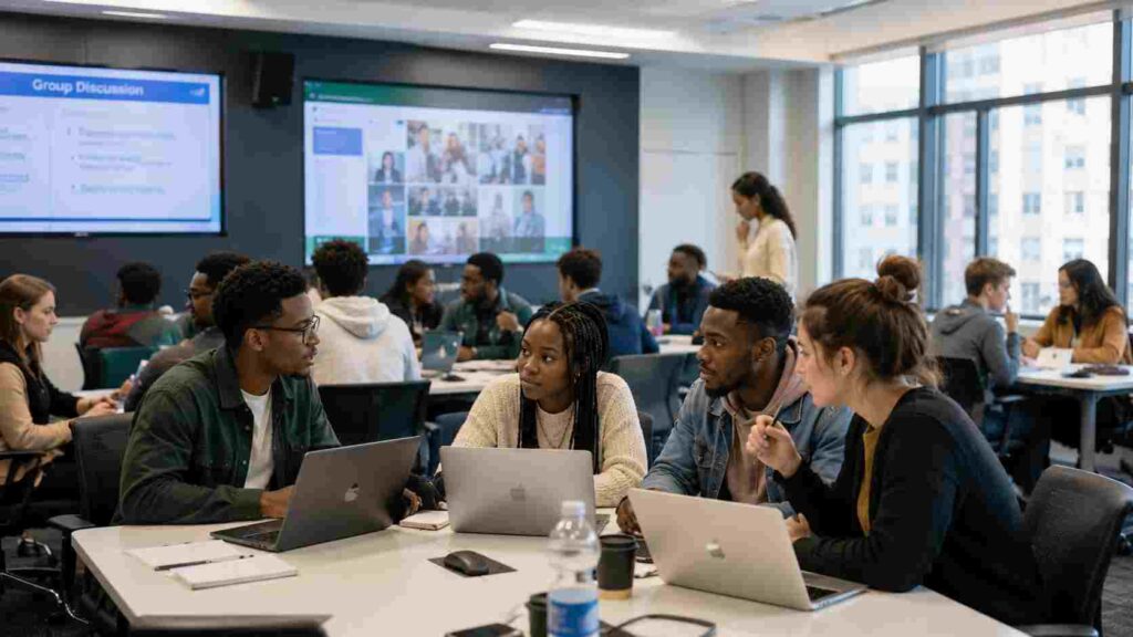 African international students studying inside a modern university classroom abroad,