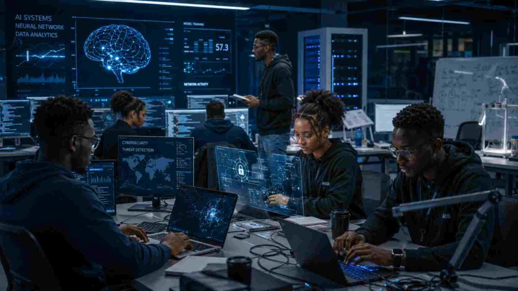 African international students working in a modern AI and technology laboratory, coding on computers, cybersecurity dashboards, digital holograms, advanced innovation center,