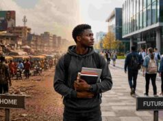 Will Studying Abroad Actually Help Me Get a Job? A realistic cinematic photograph of a young African international student standing between two worlds,