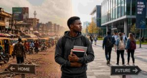 Will Studying Abroad Actually Help Me Get a Job? A realistic cinematic photograph of a young African international student standing between two worlds,