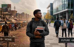 Will Studying Abroad Actually Help Me Get a Job? A realistic cinematic photograph of a young African international student standing between two worlds,