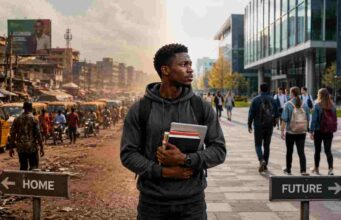 Will Studying Abroad Actually Help Me Get a Job? A realistic cinematic photograph of a young African international student standing between two worlds,