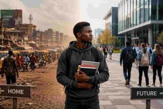 Will Studying Abroad Actually Help Me Get a Job? A realistic cinematic photograph of a young African international student standing between two worlds,