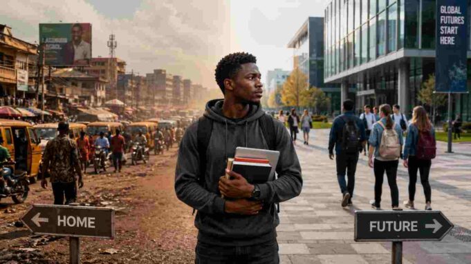 Will Studying Abroad Actually Help Me Get a Job? A realistic cinematic photograph of a young African international student standing between two worlds,