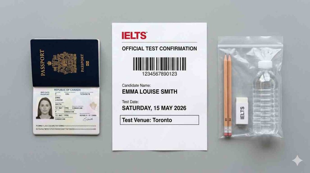 A dark blue international passport with a gold crest, open to the photo page. 2) A physical IELTS 'Test Confirmation' printout clearly displaying a barcode, candidate details, and "Test Venue: Toronto." 3) A small plastic bag containing two sharpened pencils, a clean white eraser, and a clear, label-less plastic water bottle.