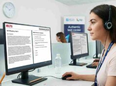 Complete IELTS Guide for Immigration and Study Abroad A candidate takes the official Computer-Delivered IELTS test, viewing the Reading passage on a split-screen in a modern test center.