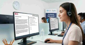 Complete IELTS Guide for Immigration and Study Abroad A candidate takes the official Computer-Delivered IELTS test, viewing the Reading passage on a split-screen in a modern test center.