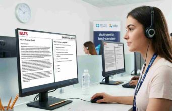 Complete IELTS Guide for Immigration and Study Abroad A candidate takes the official Computer-Delivered IELTS test, viewing the Reading passage on a split-screen in a modern test center.