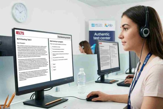 Complete IELTS Guide for Immigration and Study Abroad A candidate takes the official Computer-Delivered IELTS test, viewing the Reading passage on a split-screen in a modern test center.