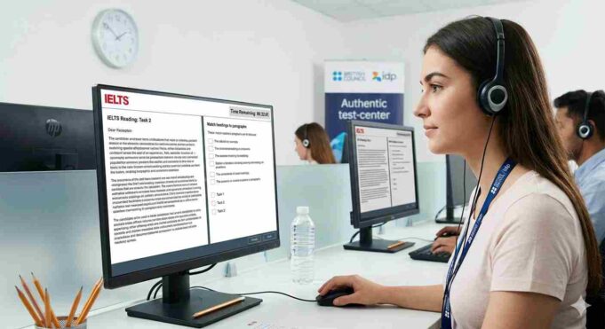 Complete IELTS Guide for Immigration and Study Abroad A candidate takes the official Computer-Delivered IELTS test, viewing the Reading passage on a split-screen in a modern test center.