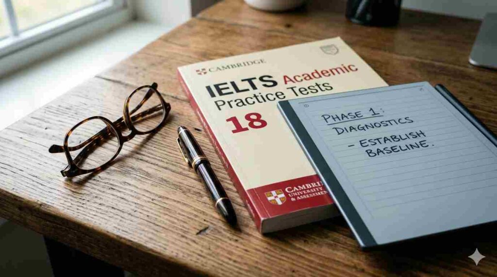 An extreme close-up photograph capturing reading glasses, a fountain pen, a Cambridge IELTS Academic Practice Tests
