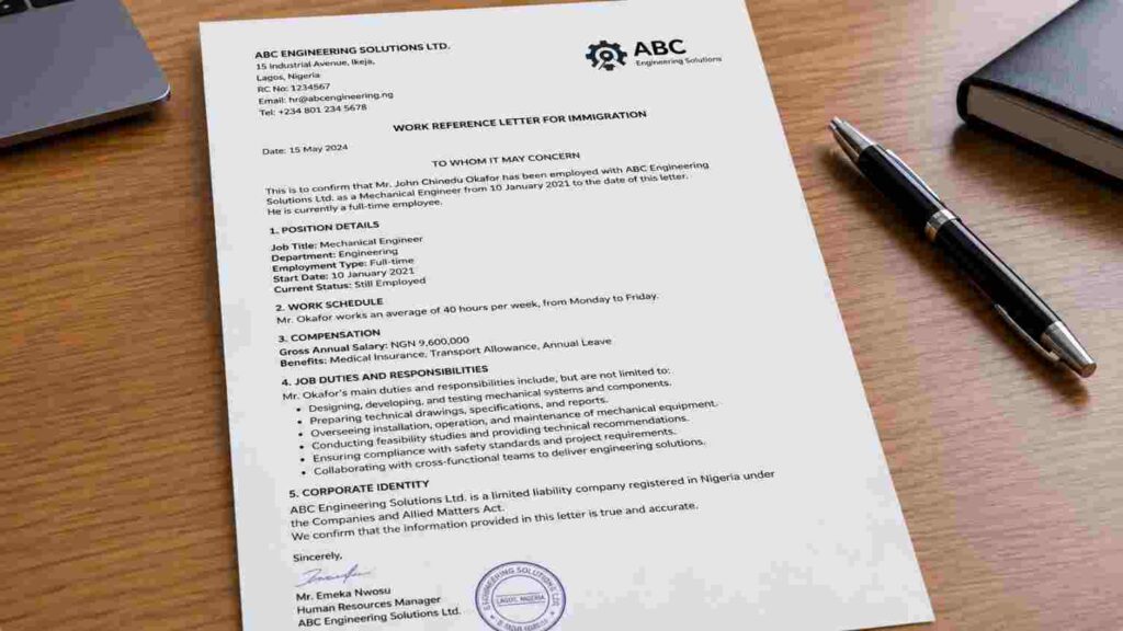 A formal corporate work reference letter for permanent residency applications placed neatly on a modern office desk.