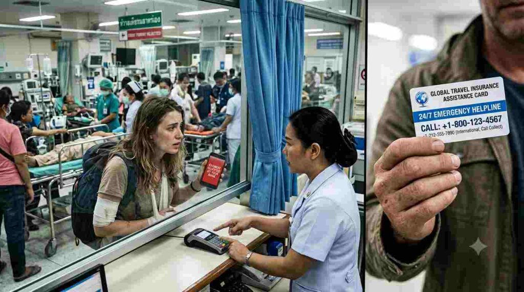 Split image showing a distressed traveler facing financial issues in a foreign hospital emergency room (common mistake: relying only on credit cards), contrasted with a hand holding a valid travel insurance 24/7 emergency assistance card.