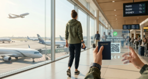 Is Travel Insurance Required for International Travel? (2026 Complete Guide) Optimized travel preparation photo showing a traveler holding a digital travel insurance certificate and passport in a modern international airport, illustrating the theme of travel security and the invisible variable.